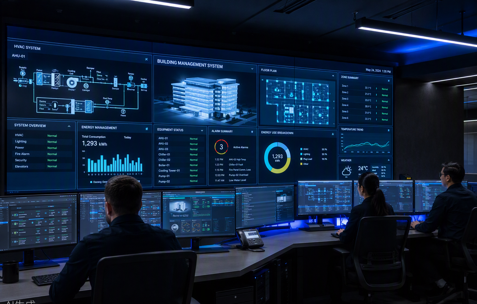 Apex engineers monitoring building management system dashboards in a control room